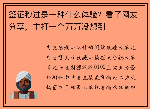 签证秒过是一种什么体验？看了网友分享，主打一个万万没想到
