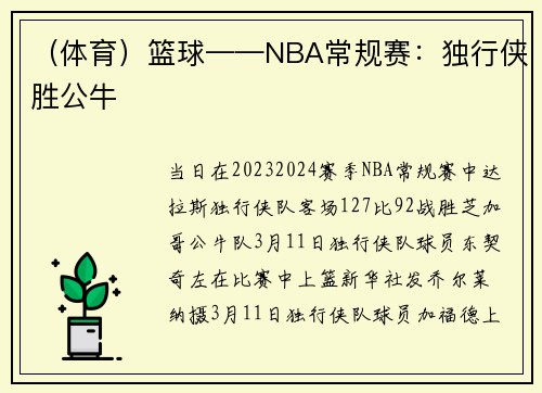 （体育）篮球——NBA常规赛：独行侠胜公牛
